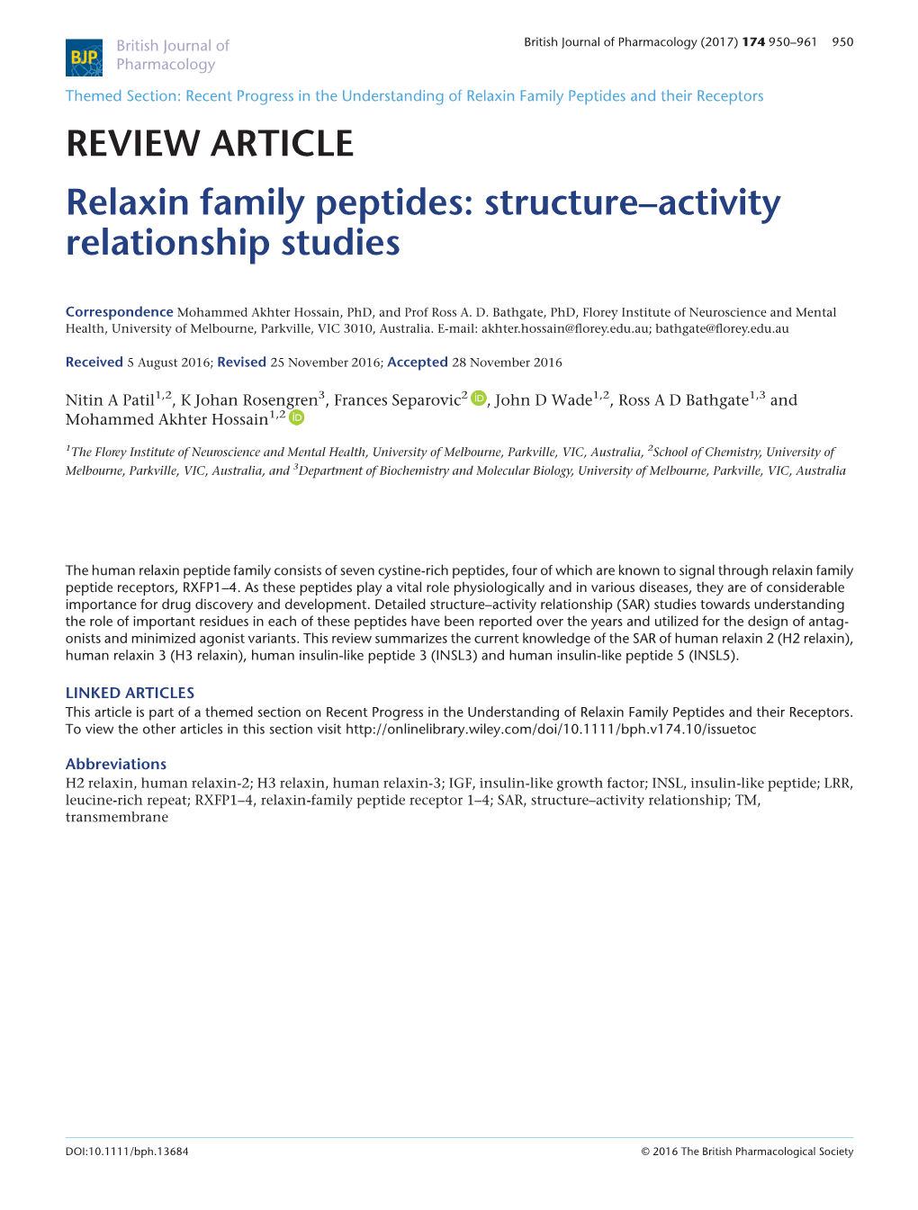 REVIEW ARTICLE Relaxin Family Peptides: Structure–Activity Relationship Studies