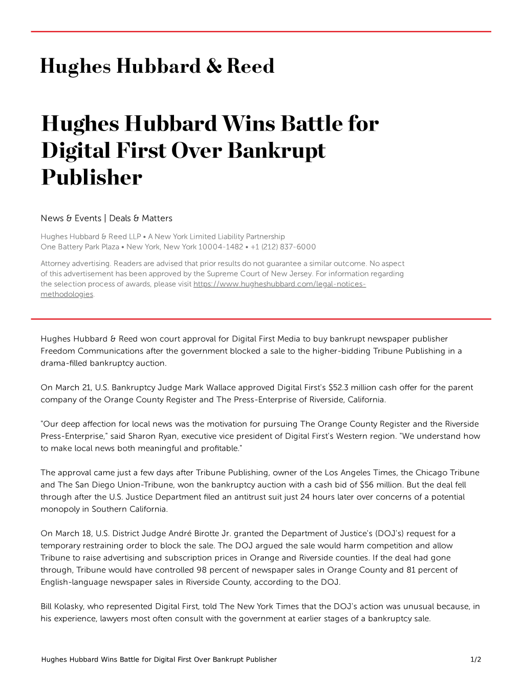 Hughes Hubbard Wins Battle for Digital First Over Bankrupt Publisher