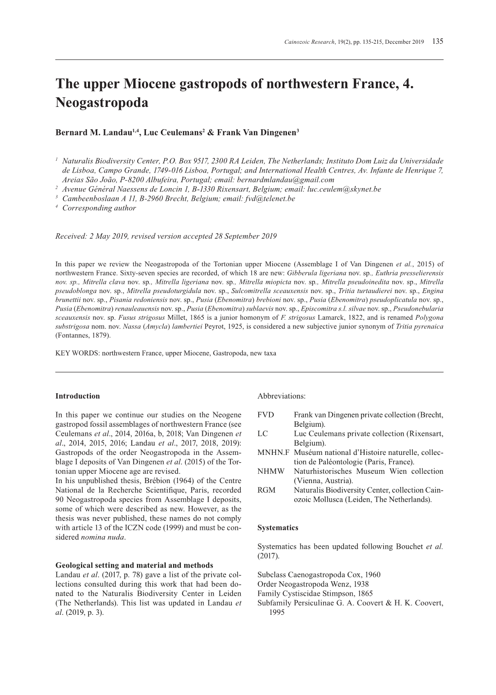 The Upper Miocene Gastropods of Northwestern France, 4. Neogastropoda