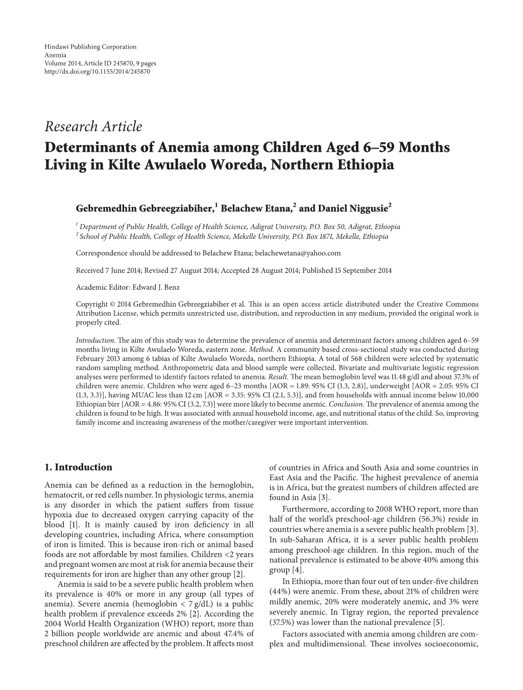 Determinants of Anemia Among Children Aged 6–59 Months Living in Kilte Awulaelo Woreda, Northern Ethiopia