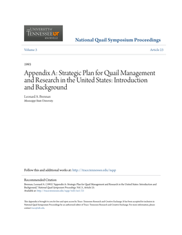 Appendix A: Strategic Plan for Quail Management and Research in the United States: Introduction and Background Leonard A