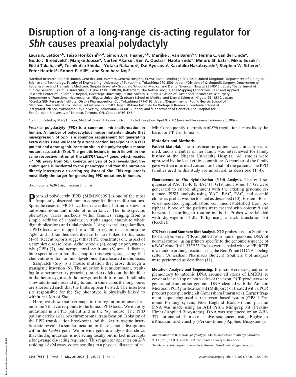 Disruption of a Long-Range Cis-Acting Regulator for Shh Causes Preaxial Polydactyly