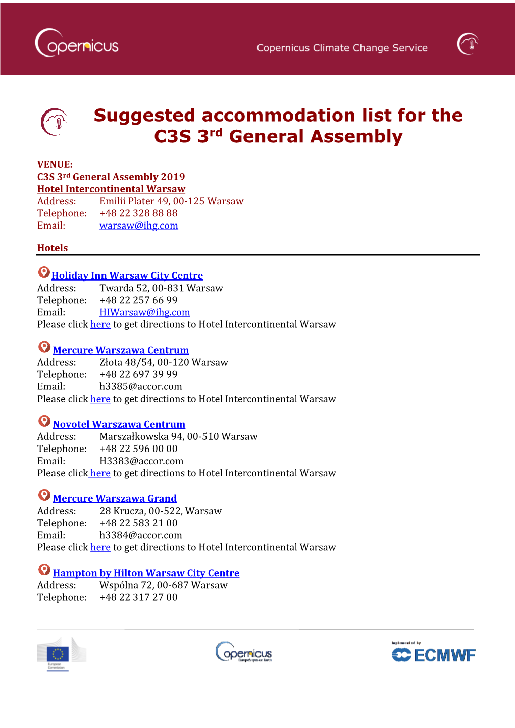 Suggested Accommodation List for the C3S 3Rd General Assembly