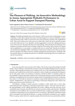 The Pleasure of Walking: an Innovative Methodology to Assess Appropriate Walkable Performance in Urban Areas to Support Transport Planning