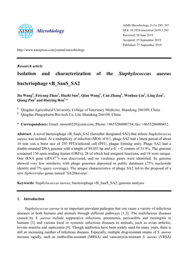 Isolation and Characterization of the Staphylococcus Aureus Bacteriophage Vb Saus SA2