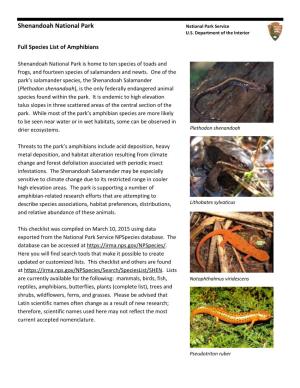 Shenandoah National Park Full Species List of Amphibians