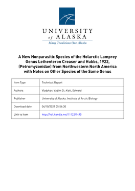 A New Nonparasitic Species of the Holarctic Lamprey G Nus Lfthfntfron Creaser and Hubbs, 1922, (Petromyzonidae) from Northwester