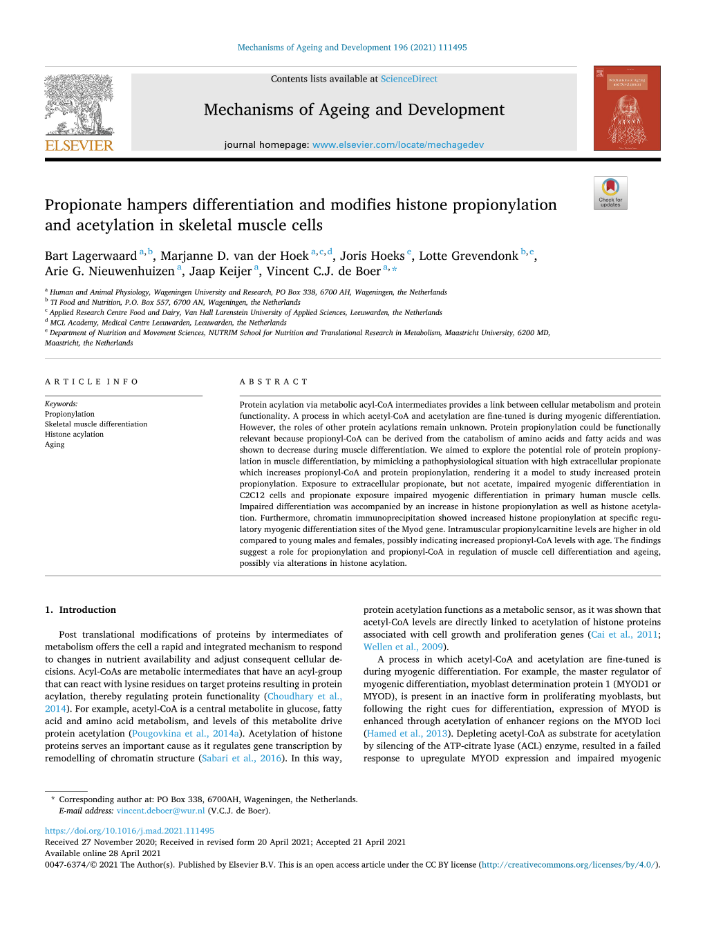 Propionate Hampers Differentiation and Modifies Histone Propionylation and Acetylation in Skeletal Muscle Cells