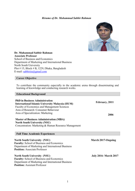 Résume of Dr. Muhammad Sabbir Rahman