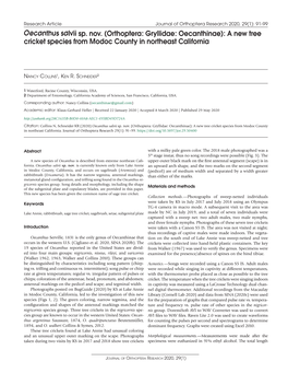 Oecanthus Salvii Sp. Nov. (Orthoptera: Gryllidae: Oecanthinae): a New Tree Cricket Species from Modoc County in Northeast California