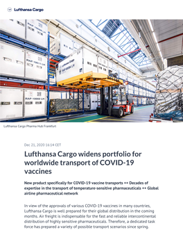 Lufthansa Cargo Widens Portfolio for Worldwide Transport of COVID-19 Vaccines