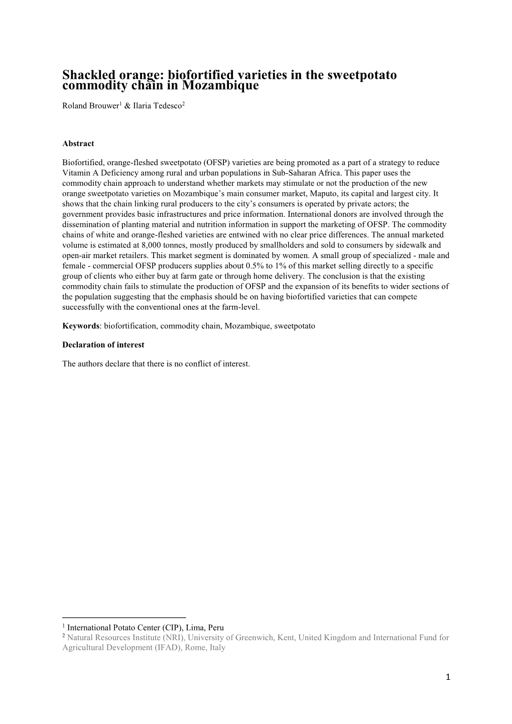 Shackled Orange: Biofortified Varieties in the Sweetpotato Commodity Chain in Mozambique