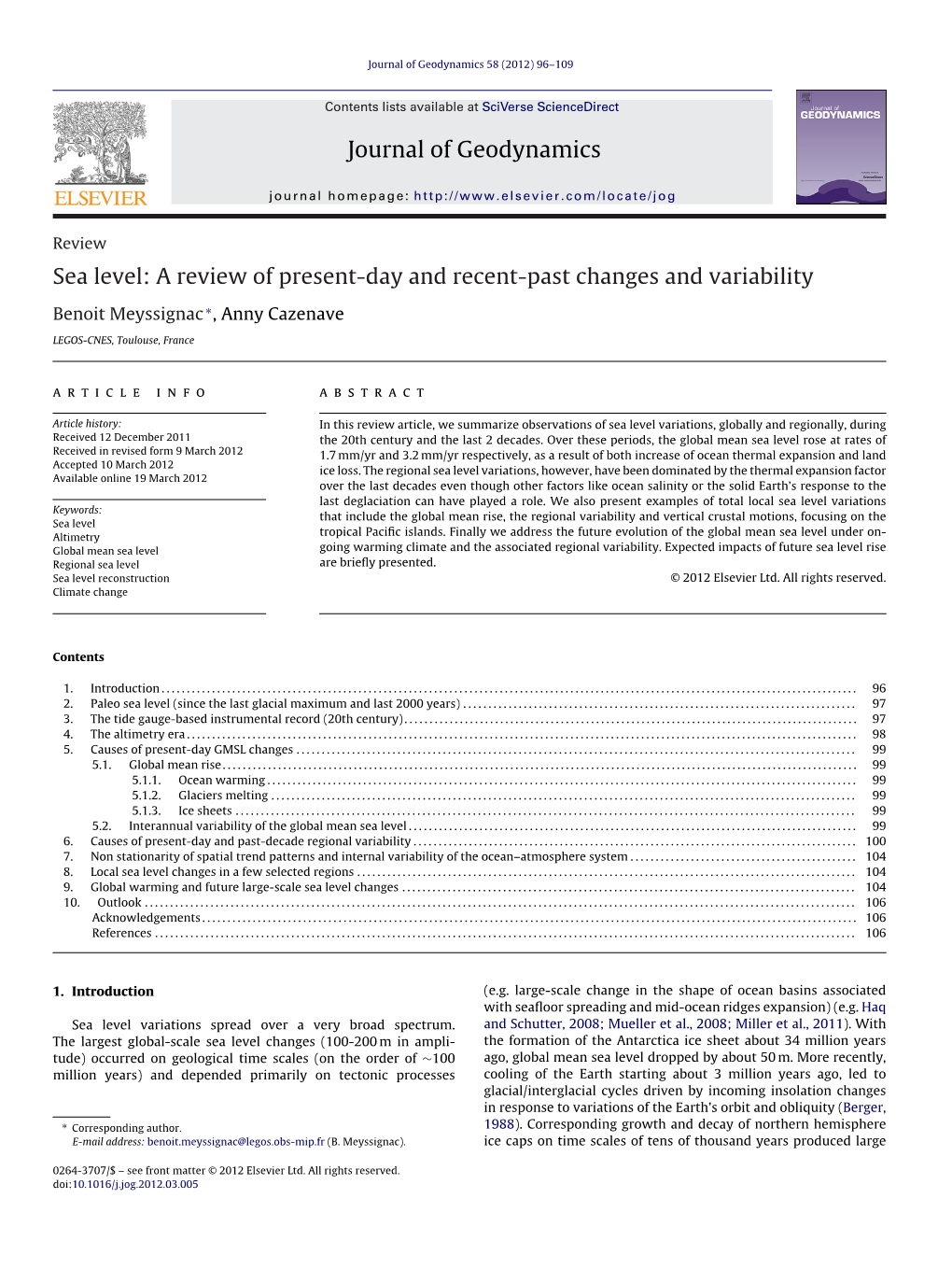 Sea Level: a Review of Present-Day and Recent-Past Changes and Variability