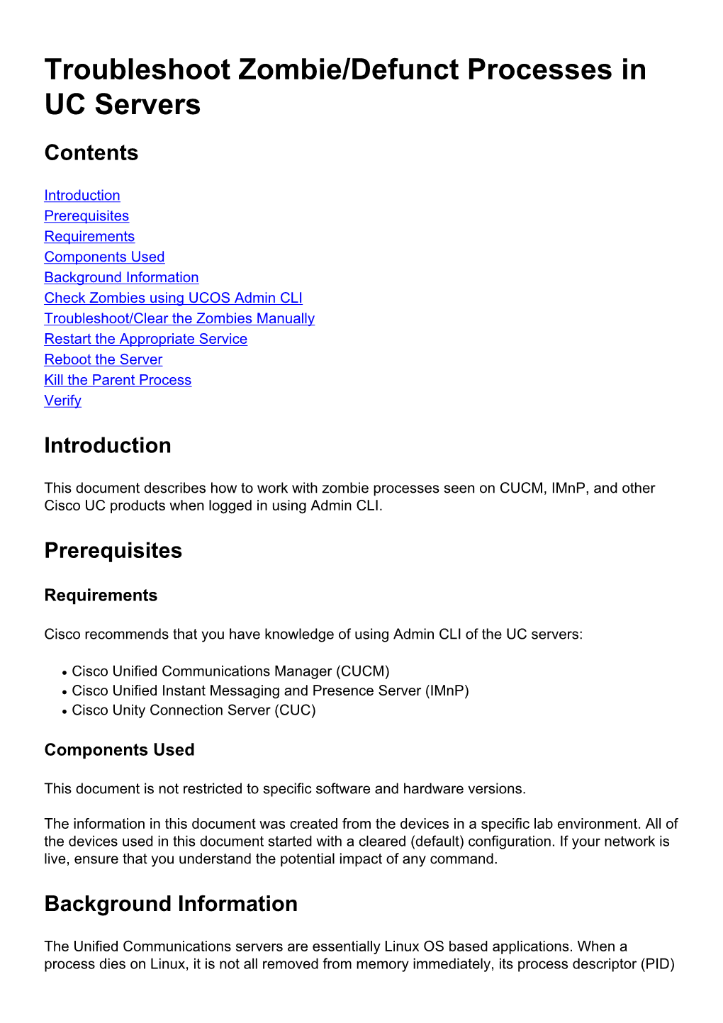 Troubleshoot Zombie/Defunct Processes in UC Servers