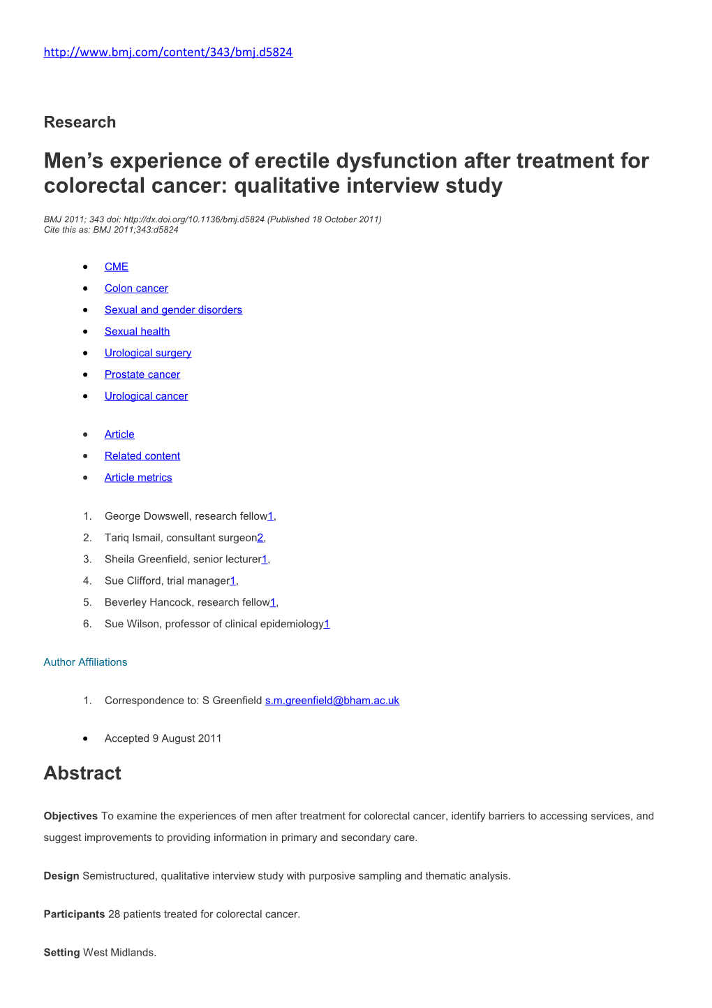 Men S Experience of Erectile Dysfunction After Treatment for Colorectal Cancer: Qualitative