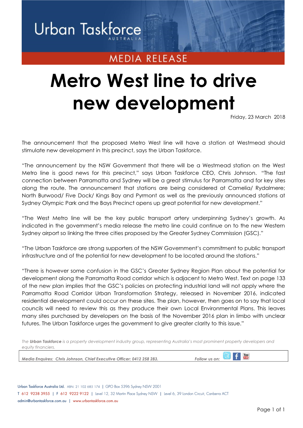 Metro West Line to Drive New Development Friday, 23 March 2018