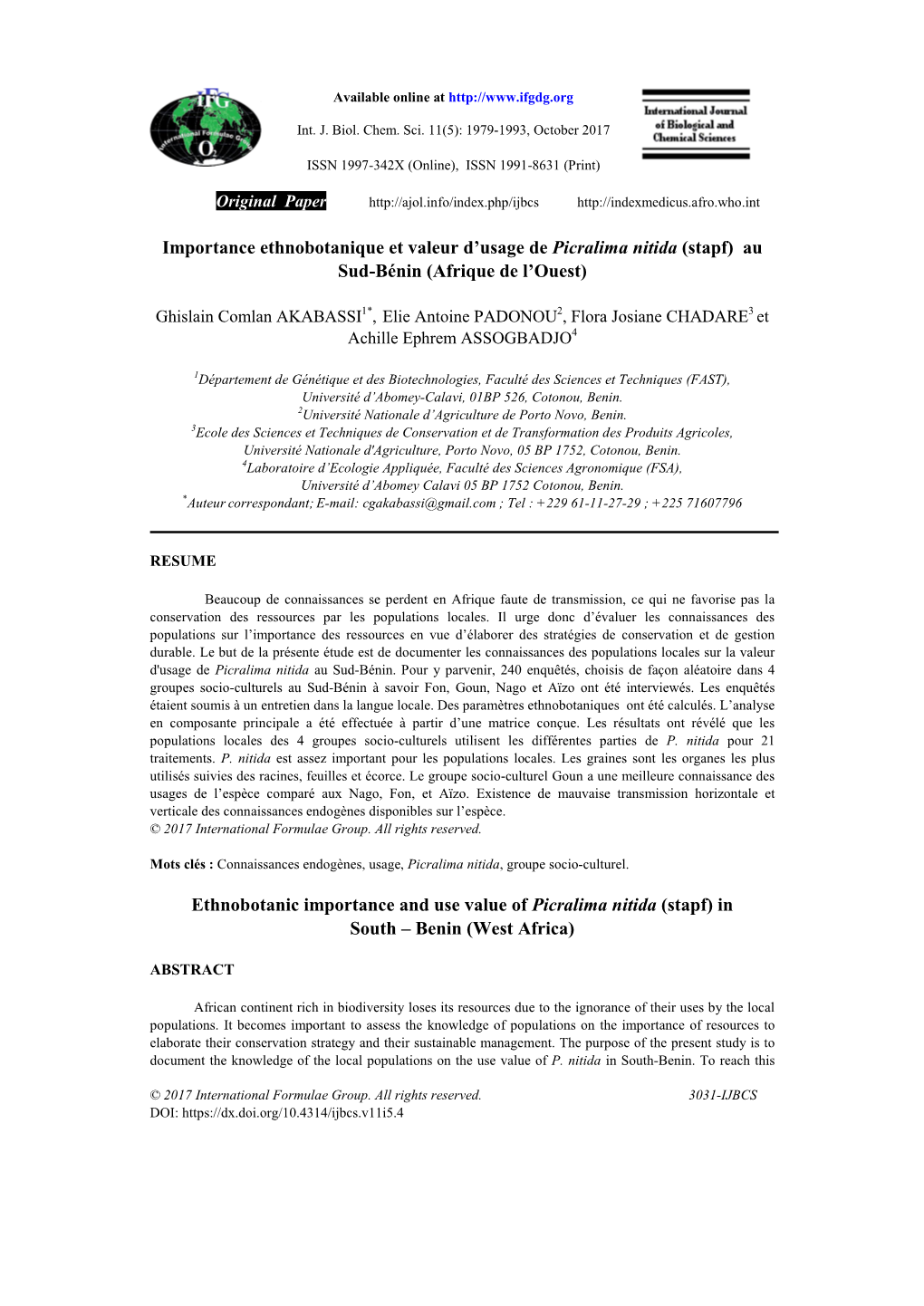 Importance Ethnobotanique Et Valeur D'usage De Picralima Nitida