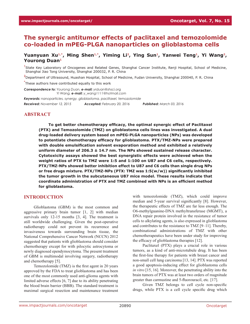 The Synergic Antitumor Effects of Paclitaxel and Temozolomide Co-Loaded in Mpeg-PLGA Nanoparticles on Glioblastoma Cells