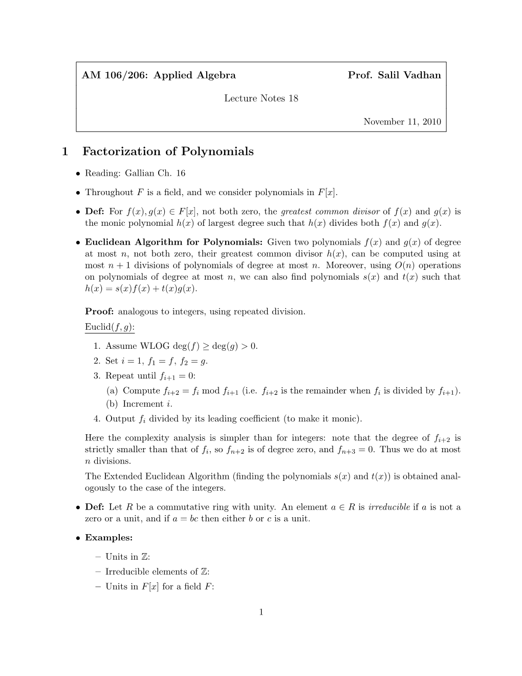 1 Factorization of Polynomials