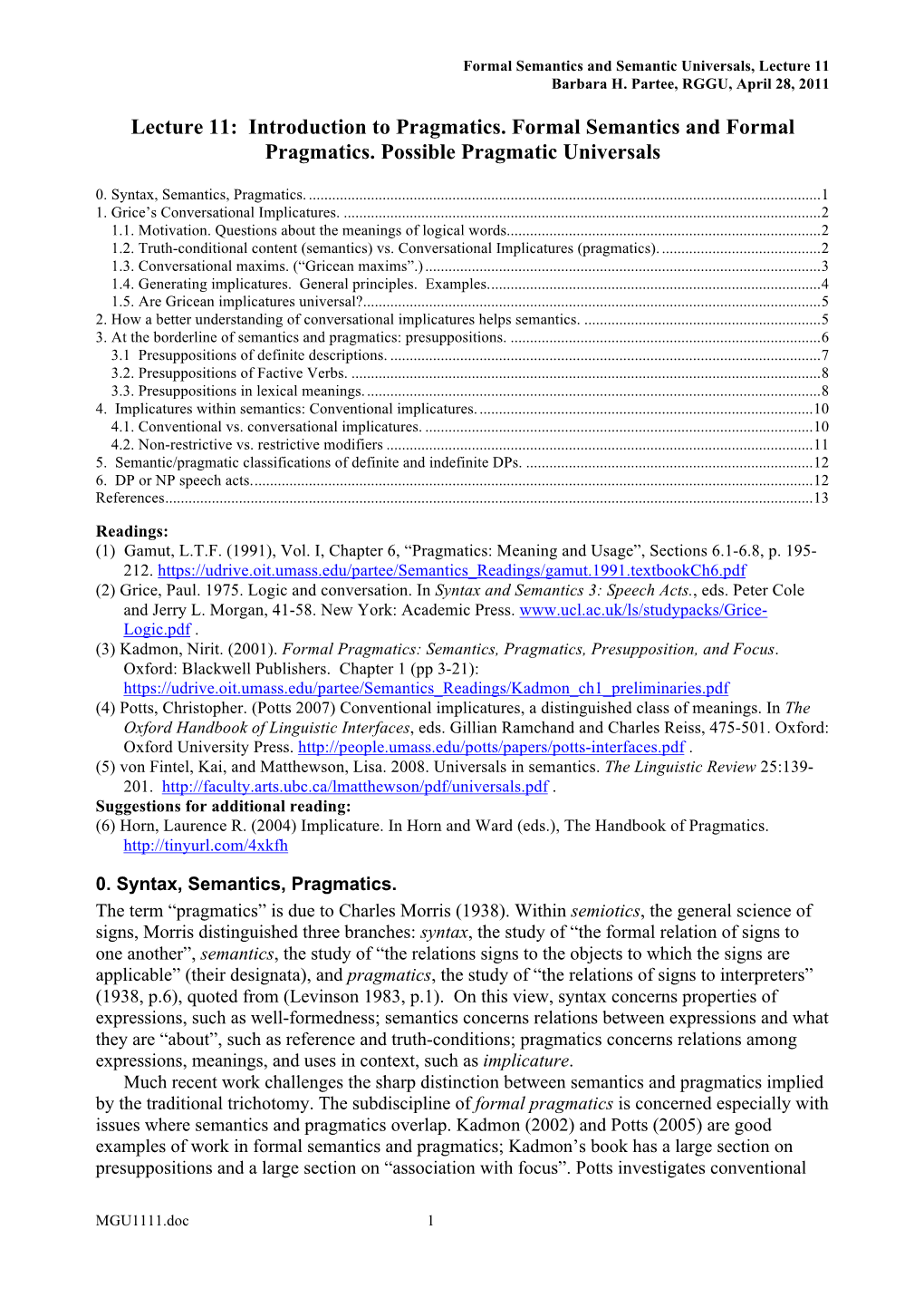 Lecture 11: Introduction to Pragmatics. Formal Semantics and Formal Pragmatics