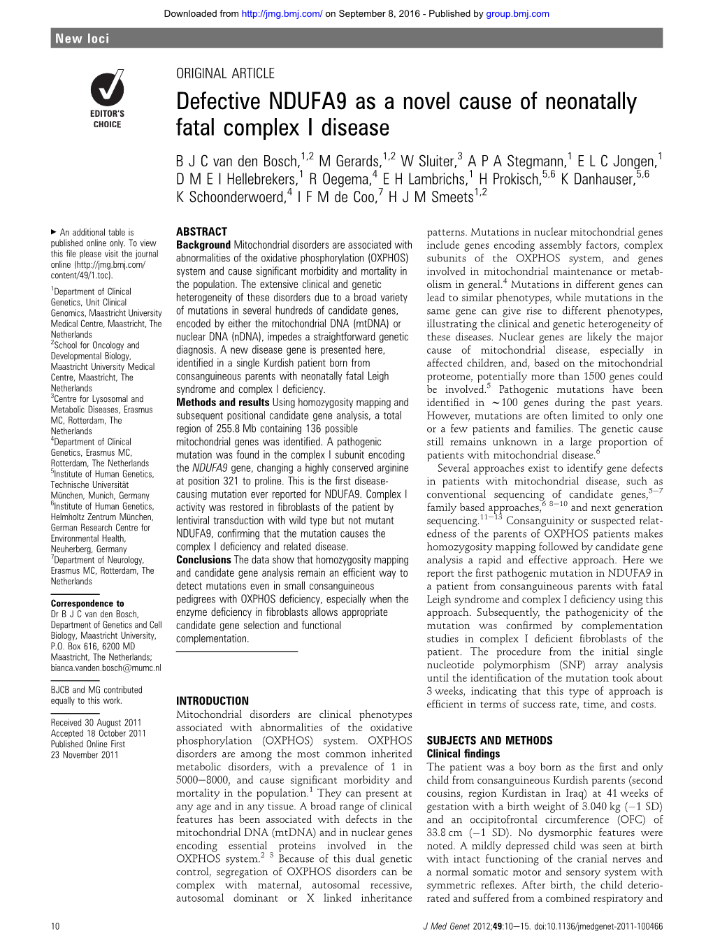 Defective NDUFA9 As a Novel Cause of Neonatally Fatal