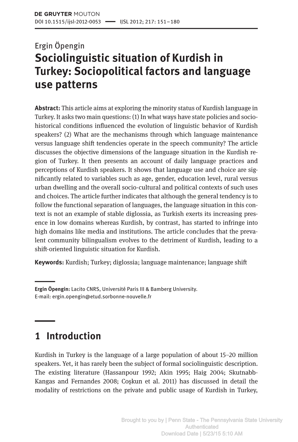 Sociolinguistic Situation of Kurdish in Turkey: Sociopolitical Factors and Language Use Patterns