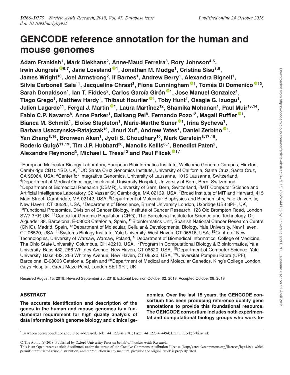 GENCODE Reference Annotation for the Human and Mouse Genomes