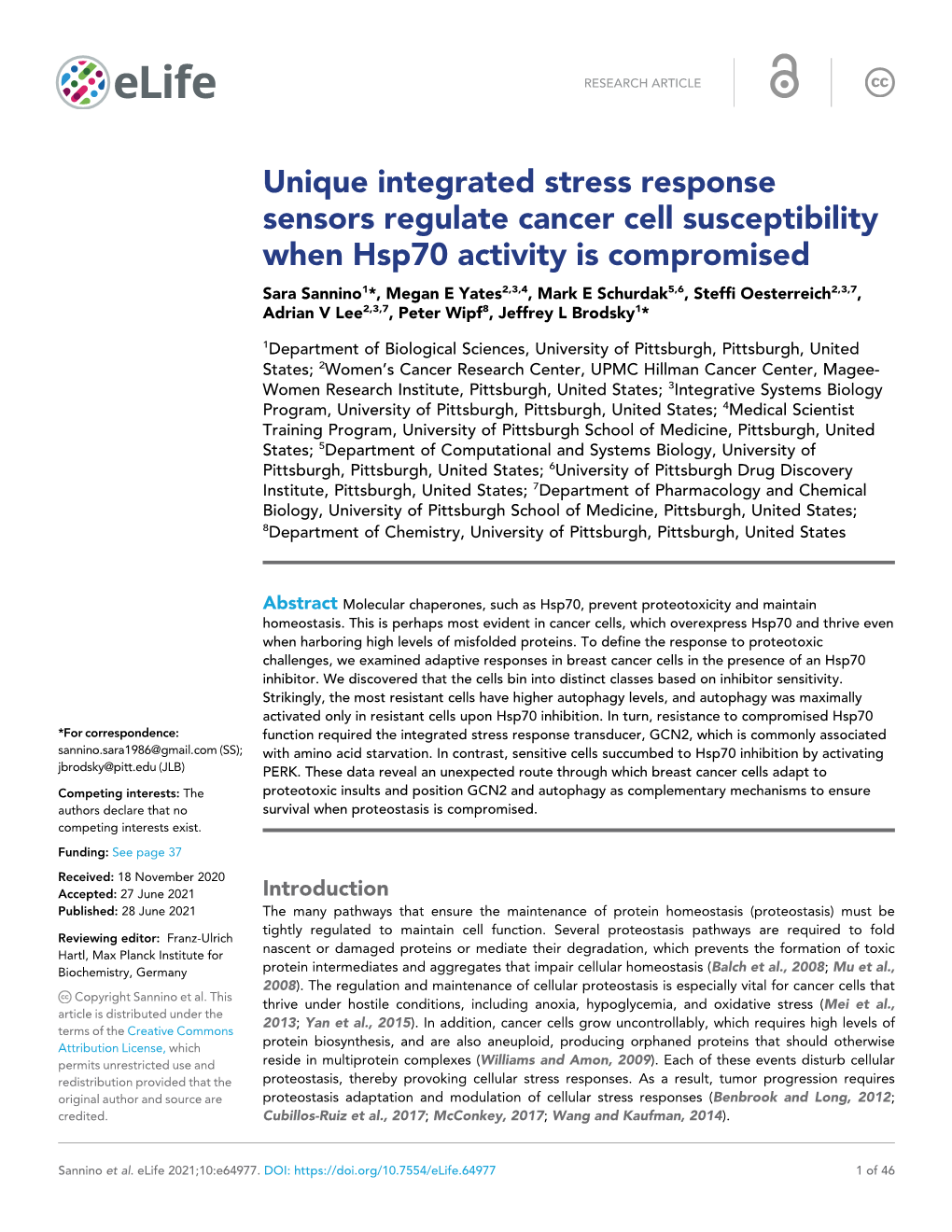 Unique Integrated Stress Response Sensors Regulate Cancer Cell