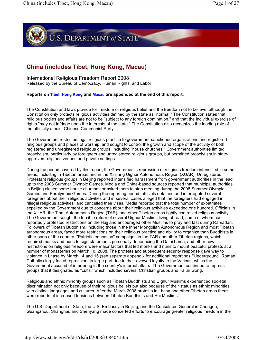 Report on International Religious Freedom 2008: China