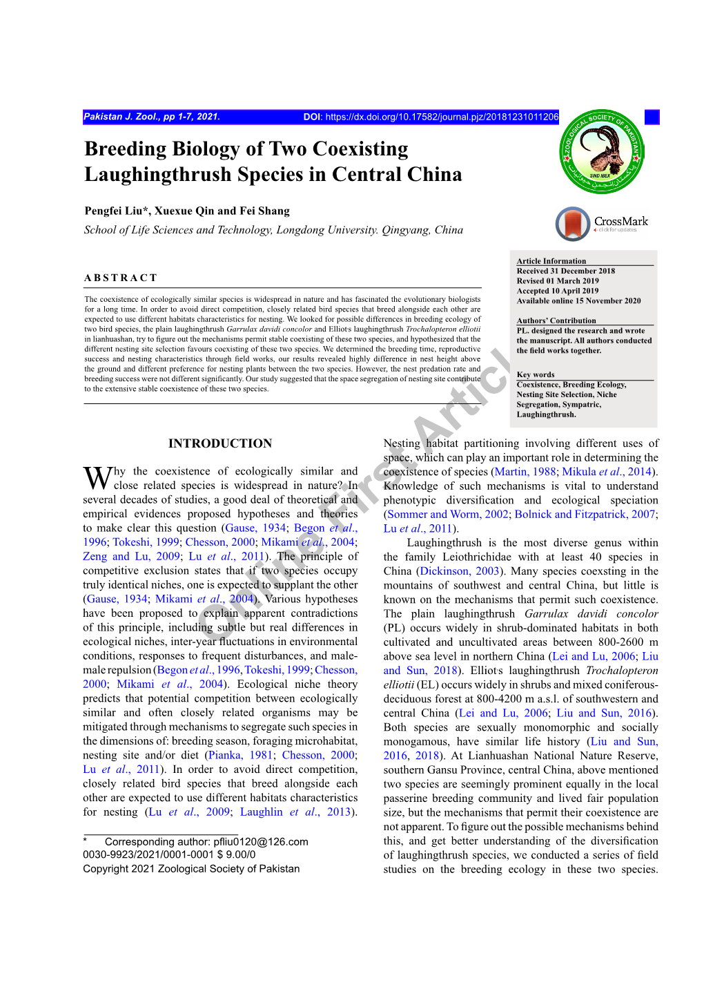 Breeding Biology of Two Coexisting Laughingthrush Species in Central China