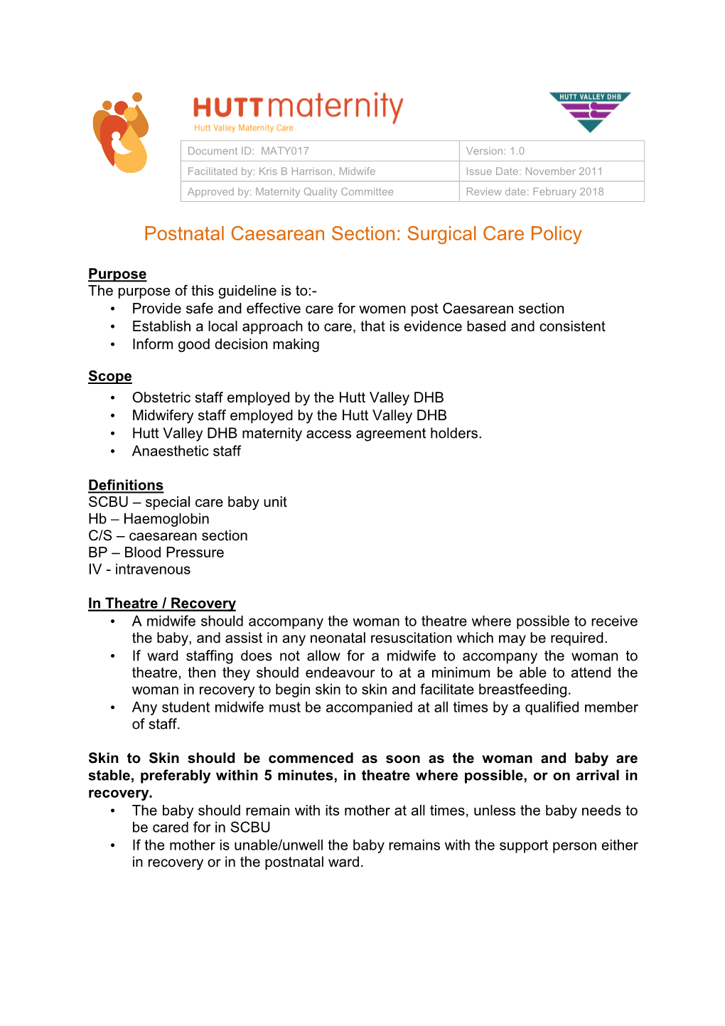 Postnatal Caesarean Section: Surgical Care Policy