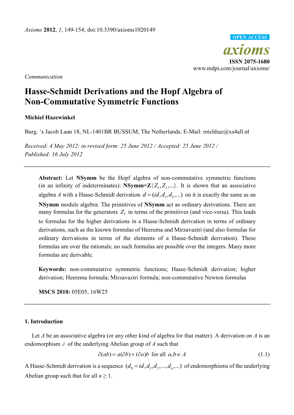 Hasse-Schmidt Derivations and the Hopf Algebra of Non-Commutative Symmetric Functions