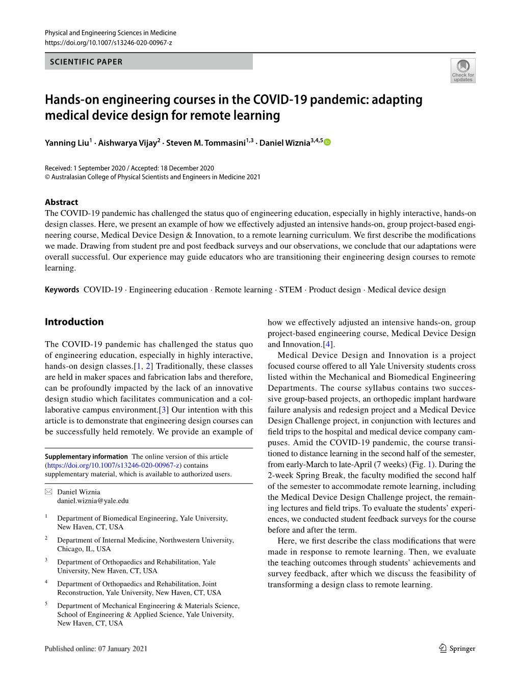 Hands-On Engineering Courses in the COVID-19 Pandemic: Adapting Medical Device Design for Remote Learning