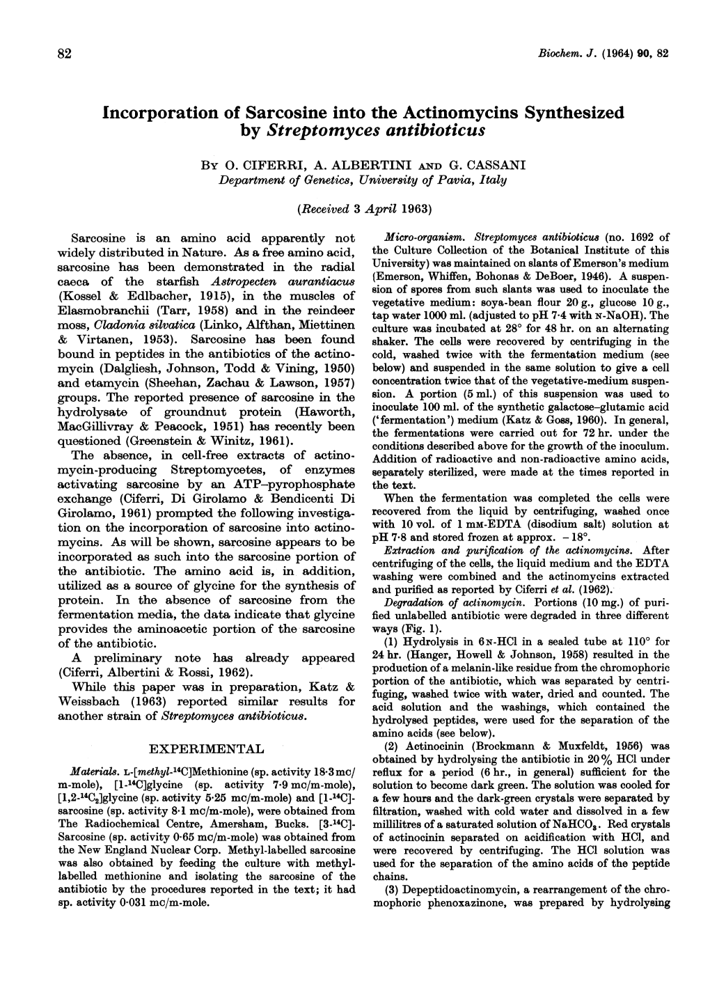 Incorporation of Sarcosine Into the Actinomycins Synthesized by Streptomyces Antibioticus