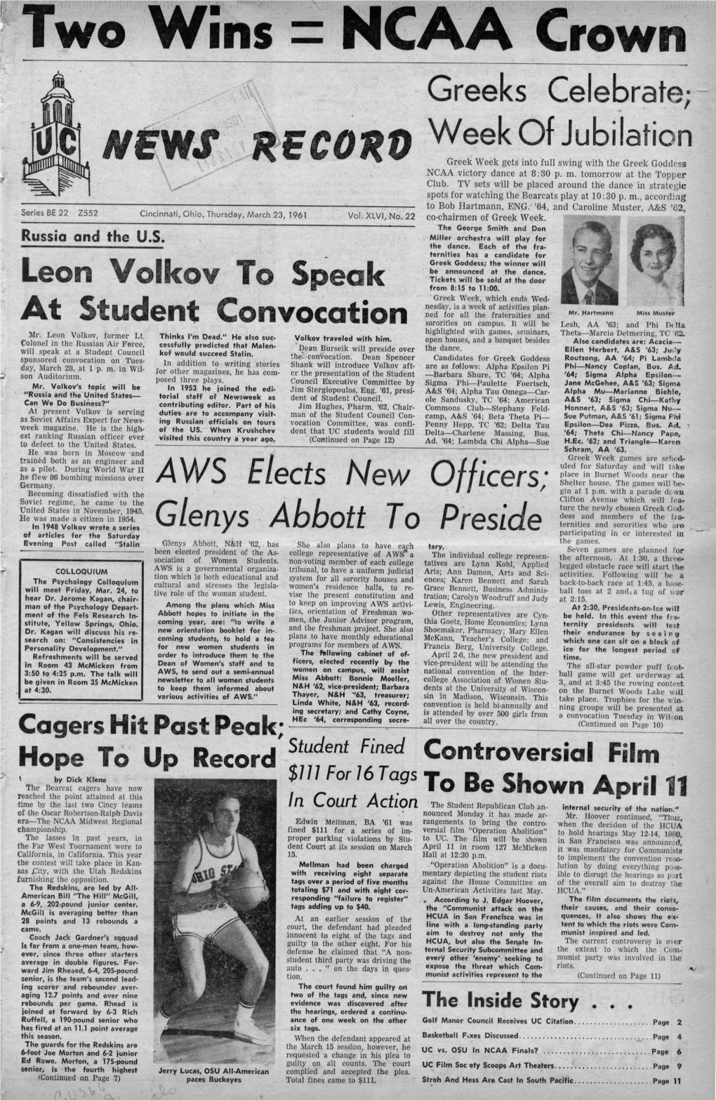 University of Cincinnati News Record. Thursday, March 23, 1961. Vol