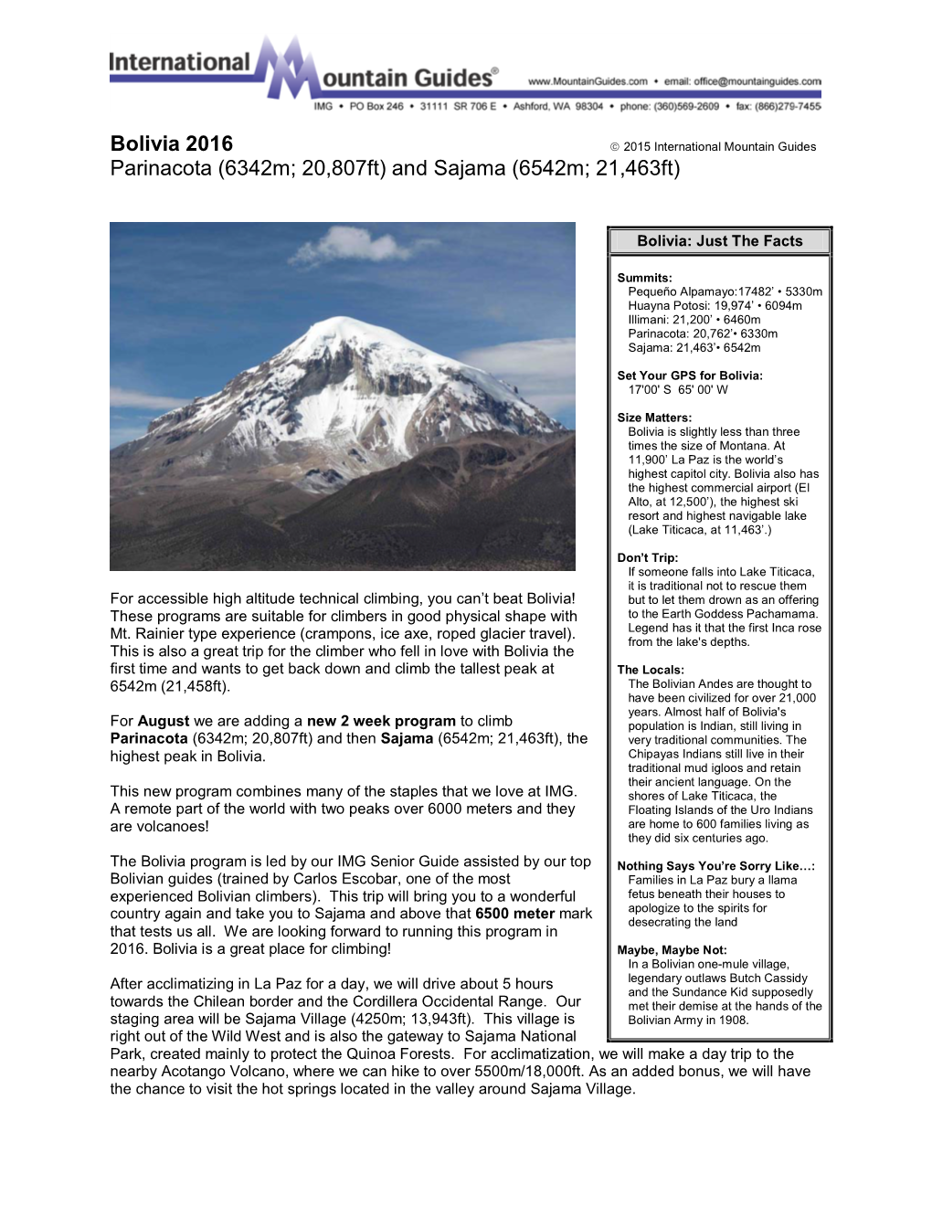 International Mountain Guides Parinacota (6342M; 20,807Ft) and Sajama (6542M; 21,463Ft)