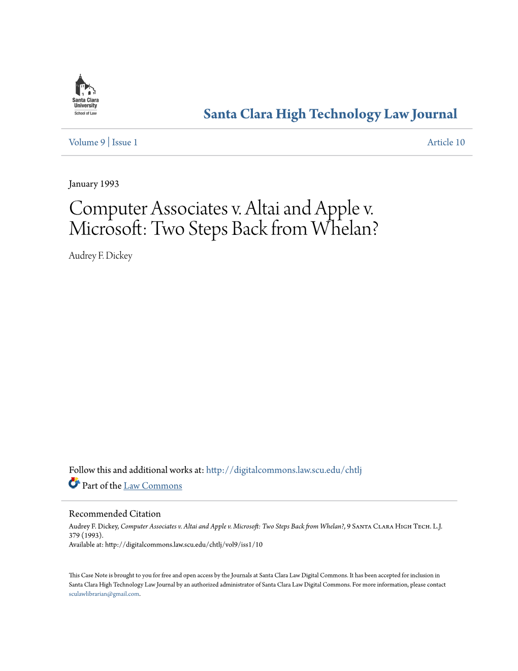 Computer Associates V. Altai and Apple V. Microsoft: Two Steps Back from Whelan? Audrey F