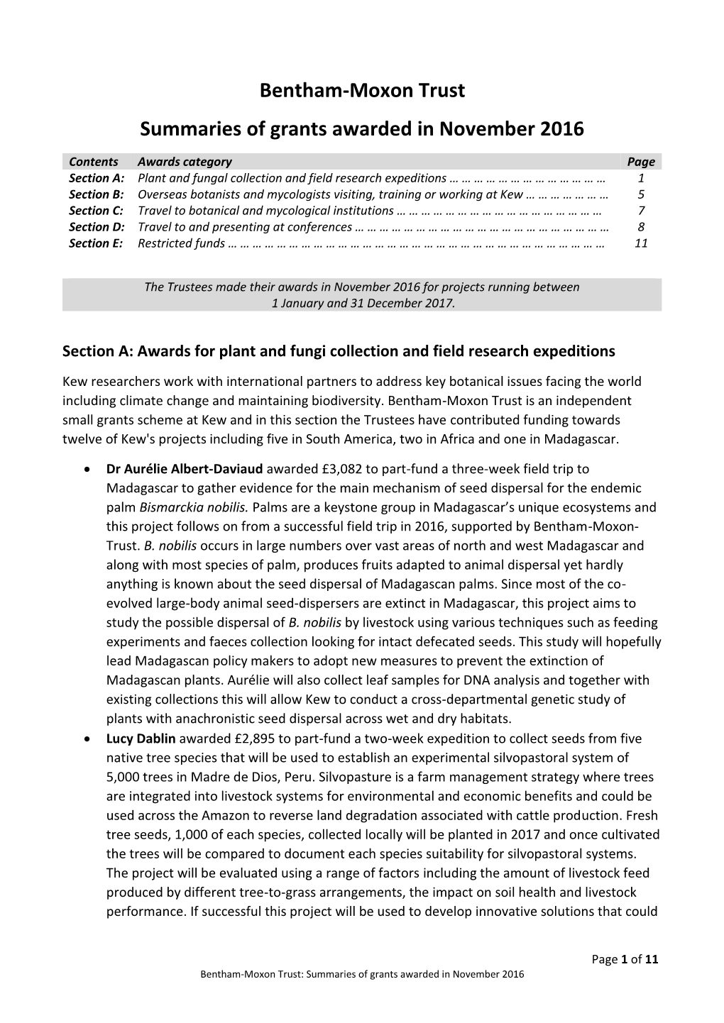 Bentham-Moxon Trust Summaries of Grants Awarded in November 2016