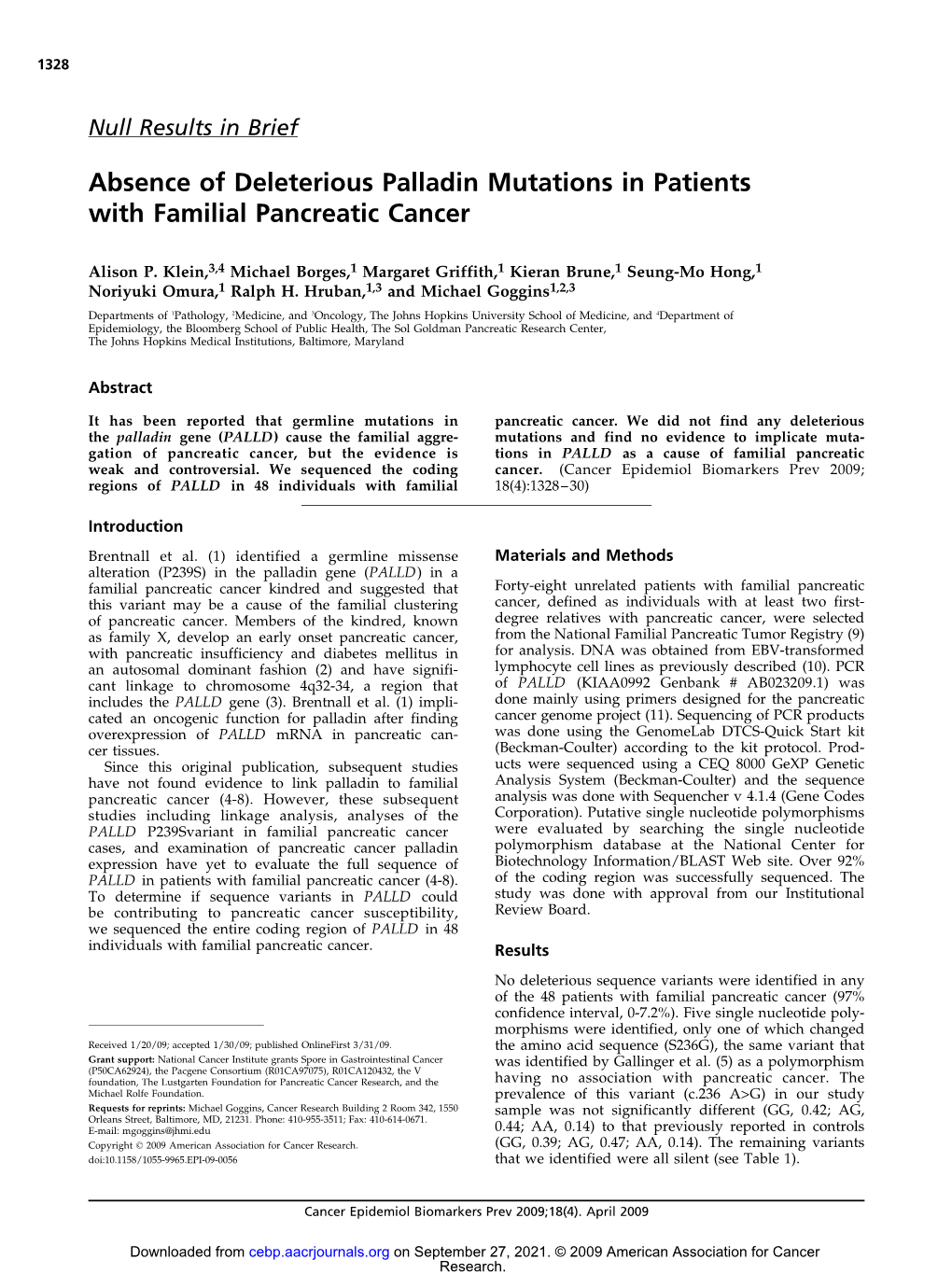 Absence of Deleterious Palladin Mutations in Patients with Familial Pancreatic Cancer