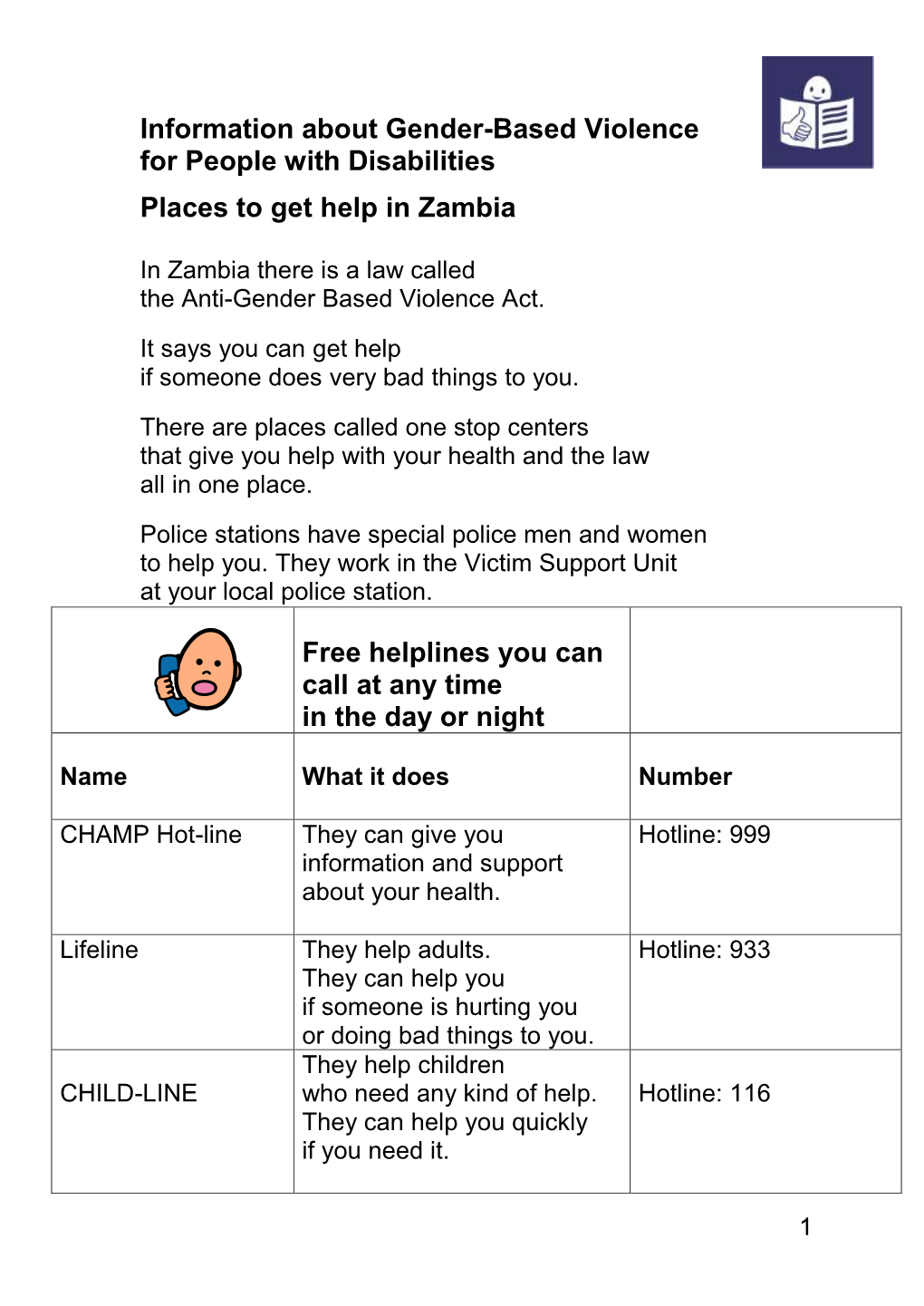 Information About Gender-Based Violence for People with Disabilities. Places to Get Help in Zambia