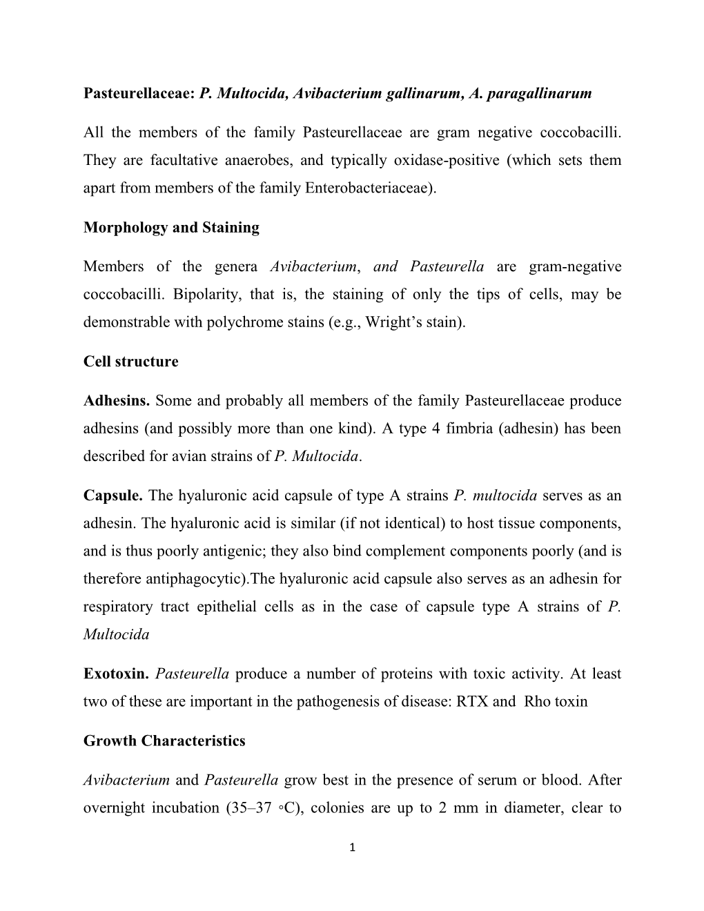 Pasteurellaceae: P. Multocida, Avibacterium Gallinarum, A