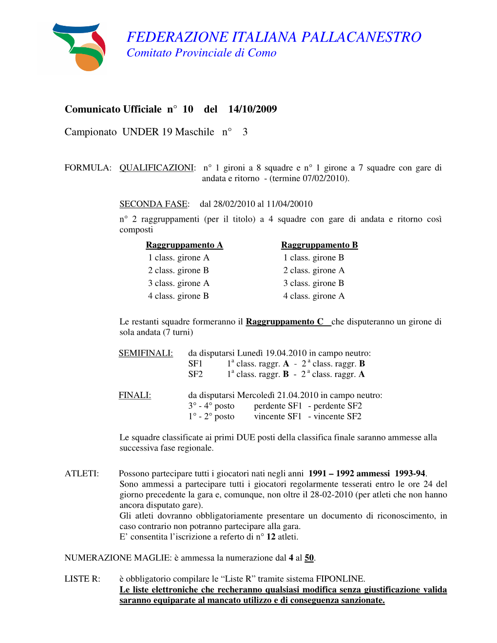 FEDERAZIONE ITALIANA PALLACANESTRO Comitato Provinciale Di Como