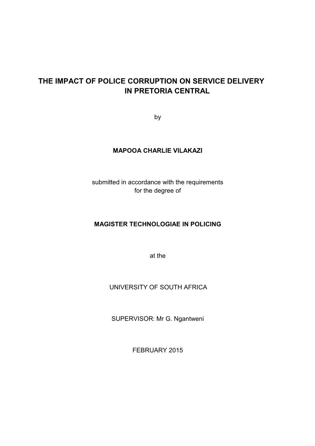 Police Corruption on Service Delivery in Pretoria Central