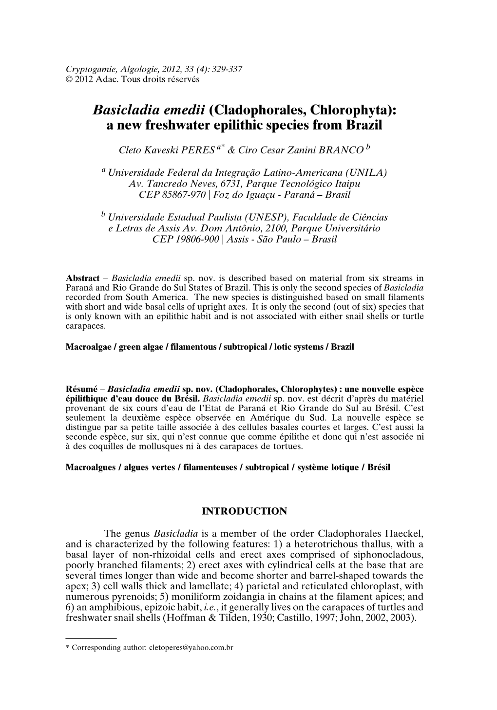 Basicladia Emedii (Cladophorales, Chlorophyta): a New Freshwater Epilithic Species from Brazil