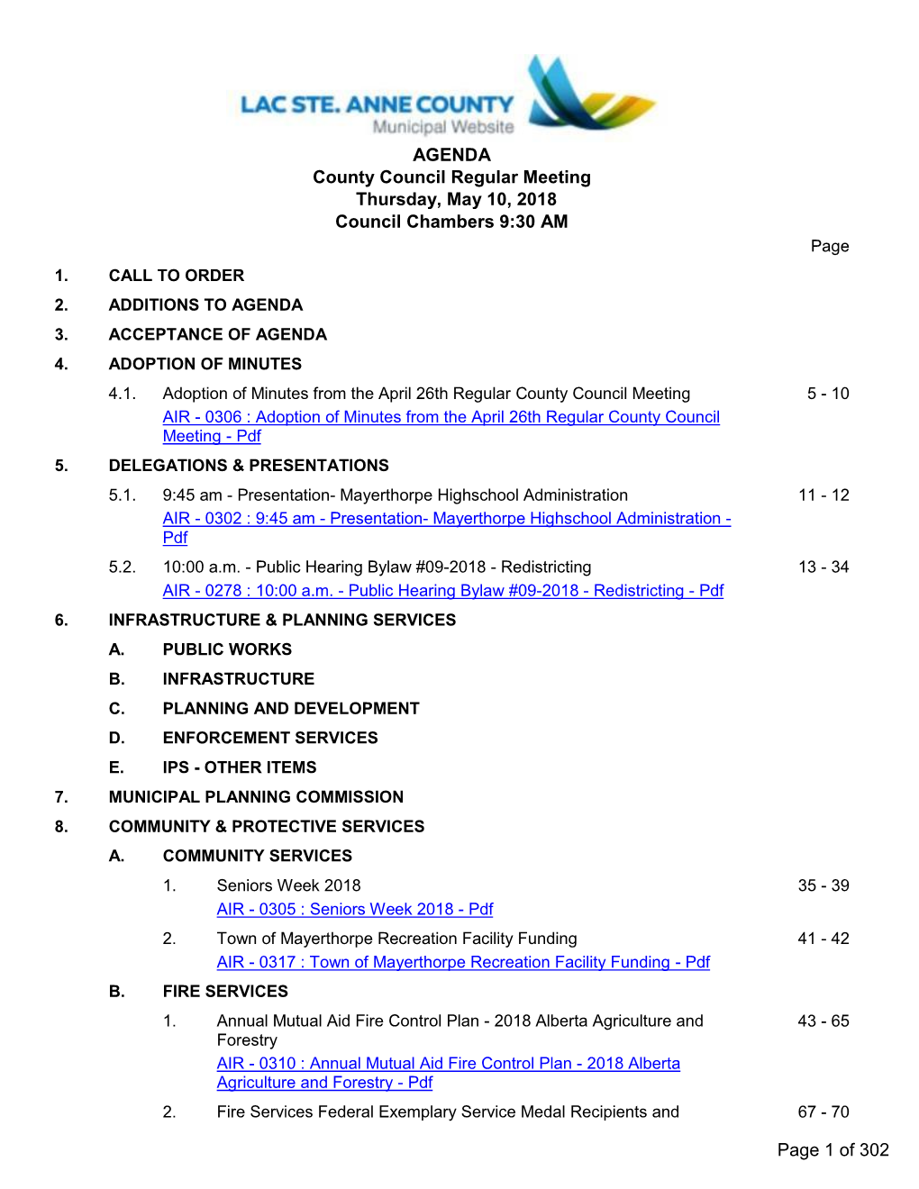 County Council Regular Meeting Thursday, May 10, 2018 Council Chambers 9:30 AM Page