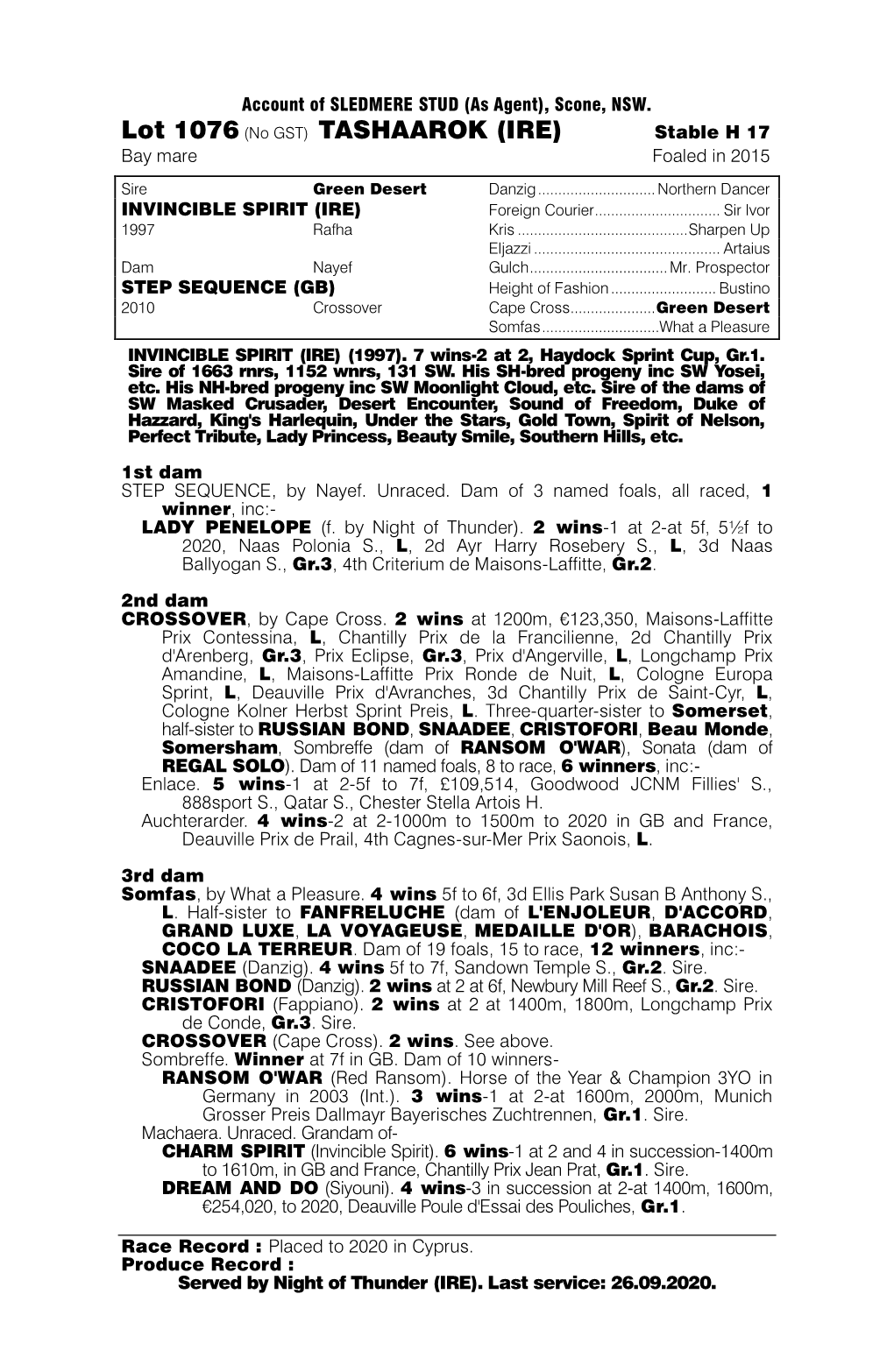 Lot 1076 (No GST) TASHAAROK (IRE) Stable H 17 Bay Mare Foaled in 2015