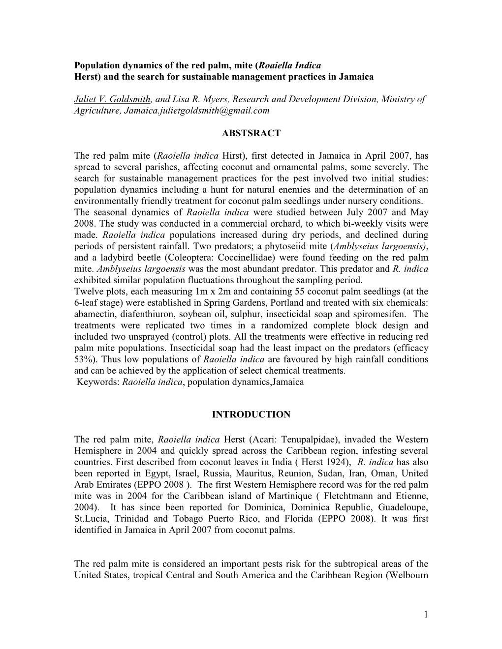 Goldsmith 2008 Population Dynamics of Red Palm Mite