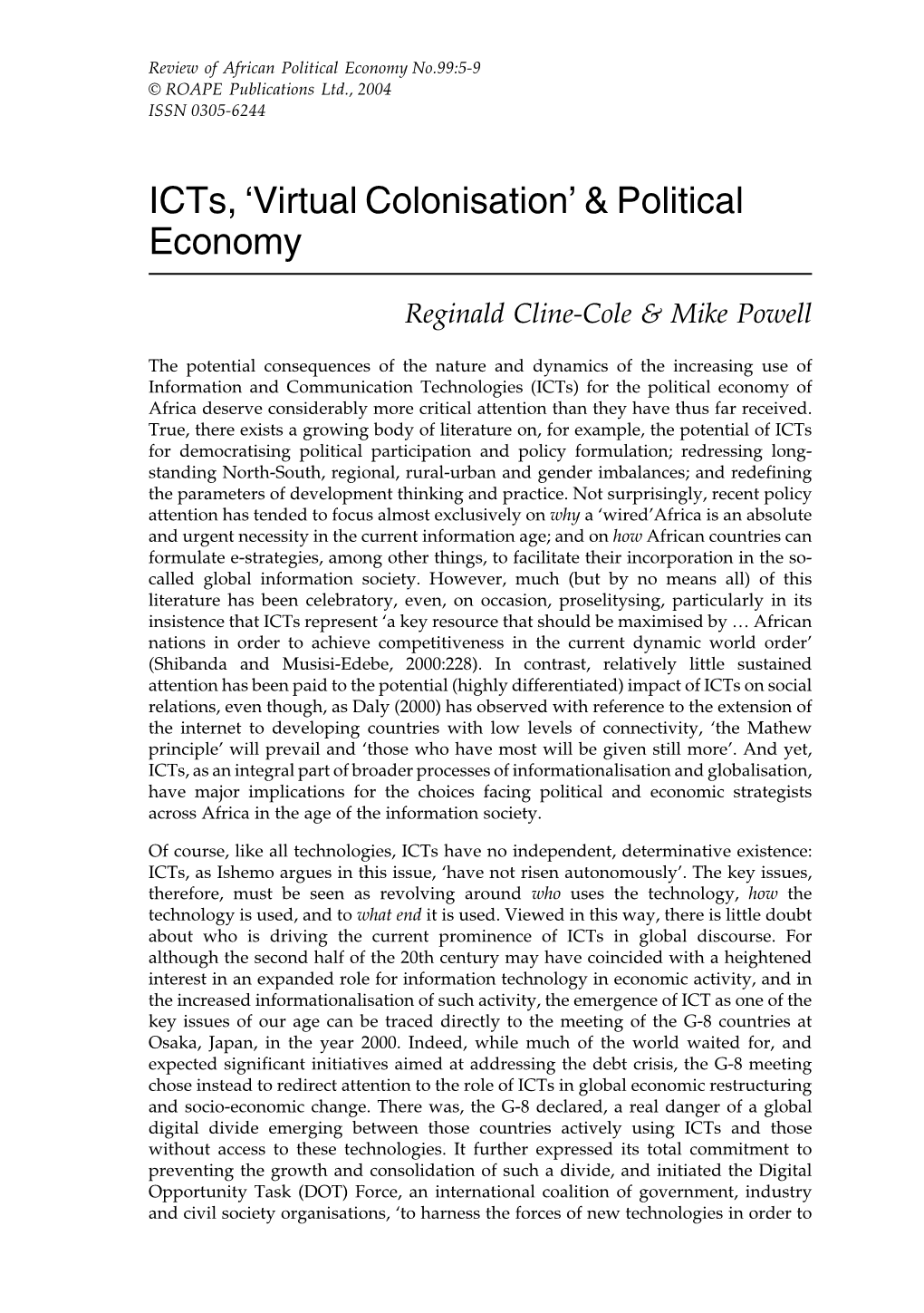 Icts, 'Virtual Colonisation' & Political Economy