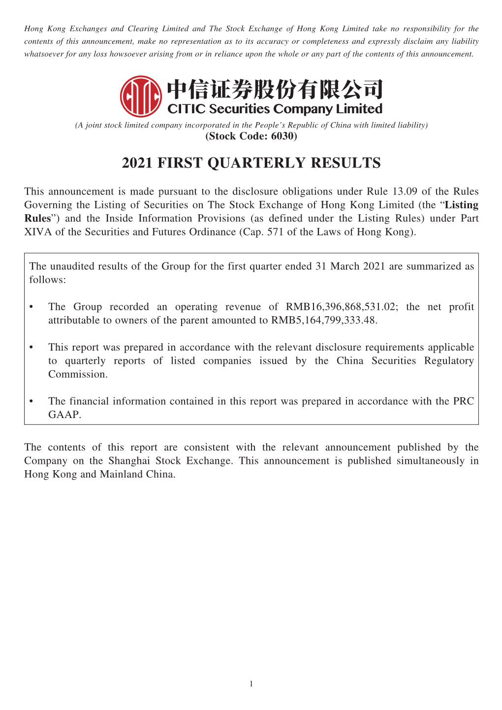 2021 First Quarterly Results