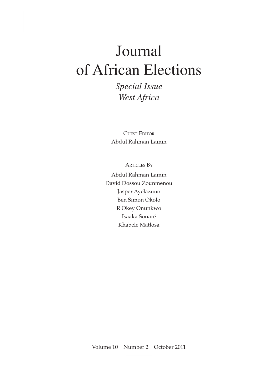 Journal of African Elections Special Issue West Africa